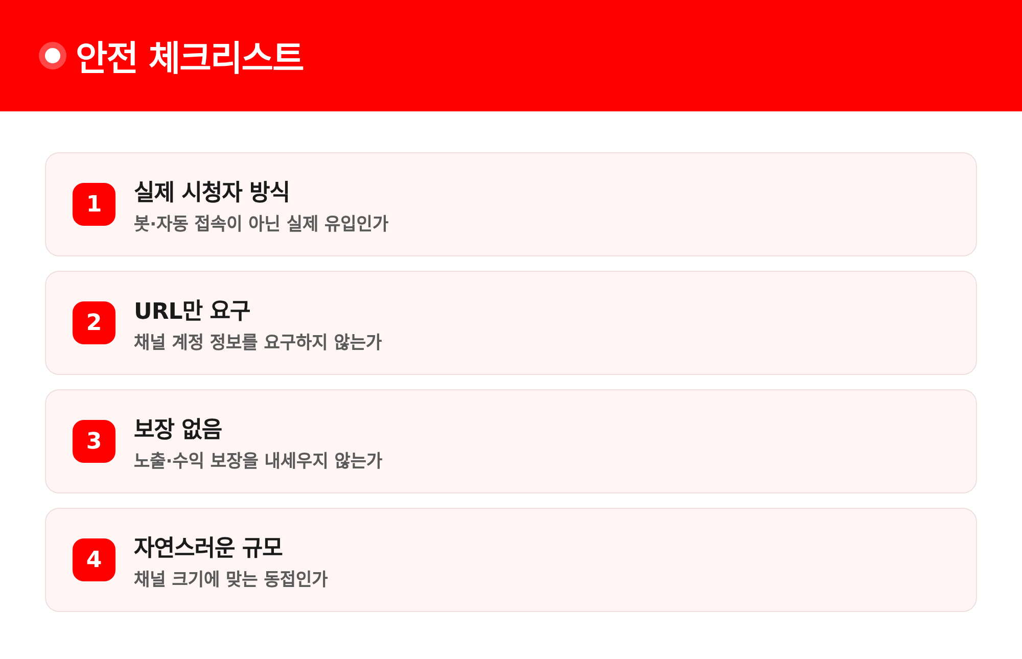 안전 체크리스트: URL만 요구, 과장 광고 거르기, 자연스러운 규모, 콘텐츠 병행